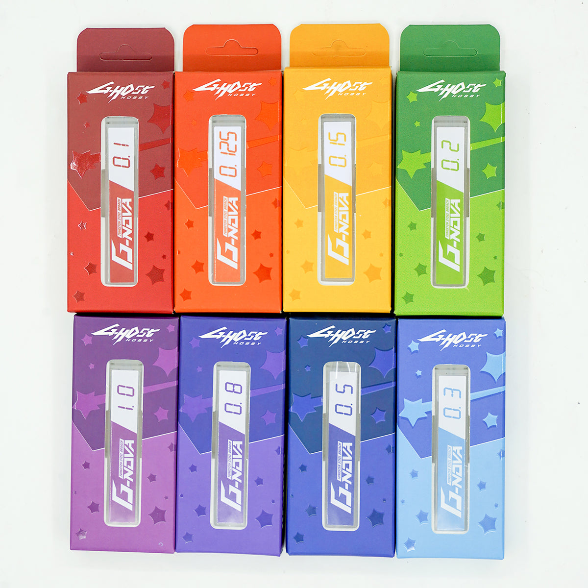 G-Host Scriber Blades 0.1–3.0 mm — assorted blade widths in colour-coded boxes